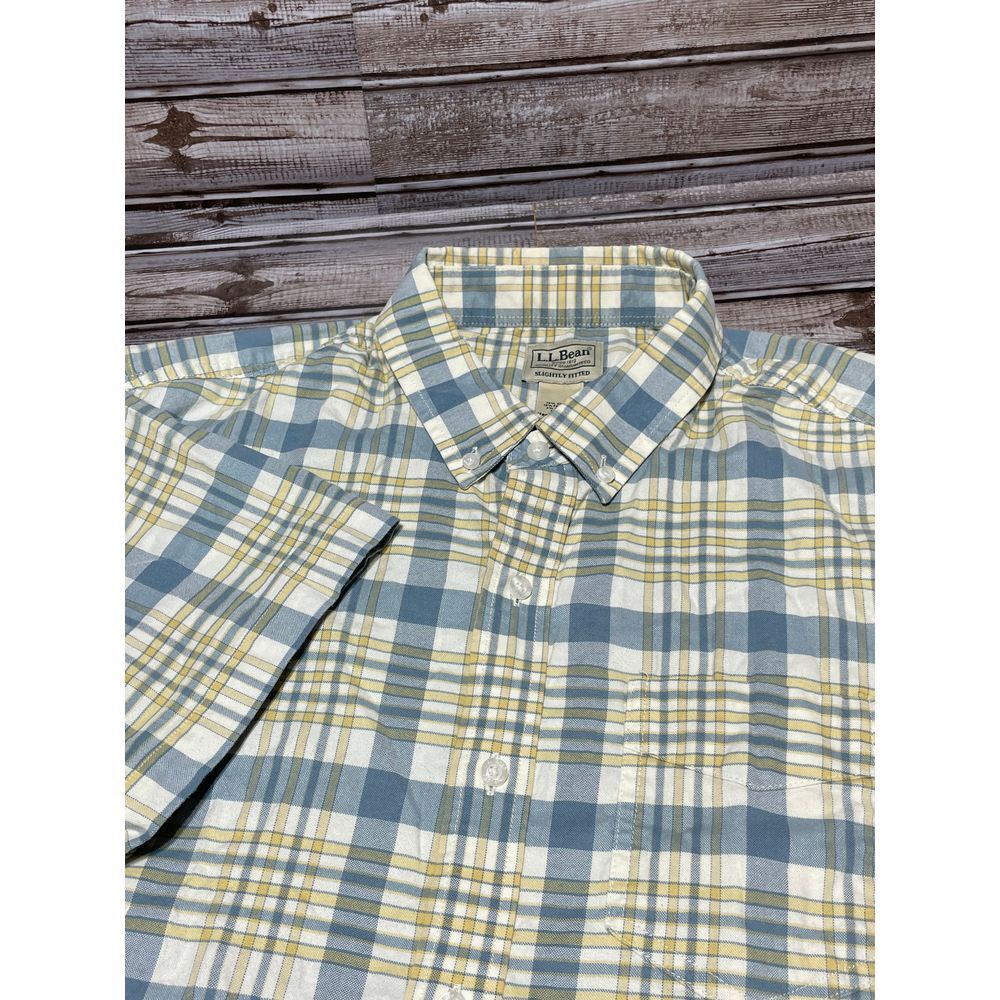 LL Bean Men's Button Down Shirt Short Sleeve Blue Yellow Slightly Fitted‎ Large